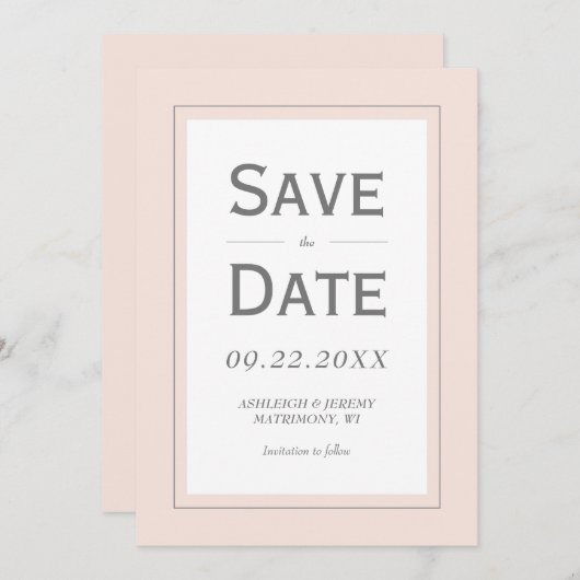 Blush Pink Grau Modernes Minimalistisches Vertikal Save The Date (Vorne/Hinten)