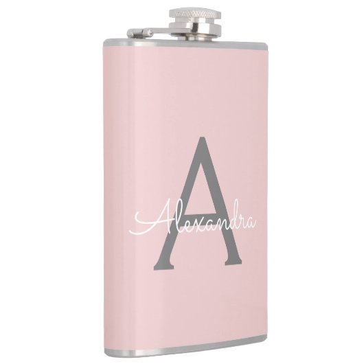 Blush Pink Grau Modernes Script Girly Monogram Nam Flachmann (Rechts)