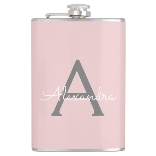 Blush Pink Grau Modernes Script Girly Monogram Nam Flachmann (Vorderseite)