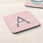 Blush Pink Grau Modernes Script Girly Monogram Nam Getränkeuntersetzer (Linke Seite)
