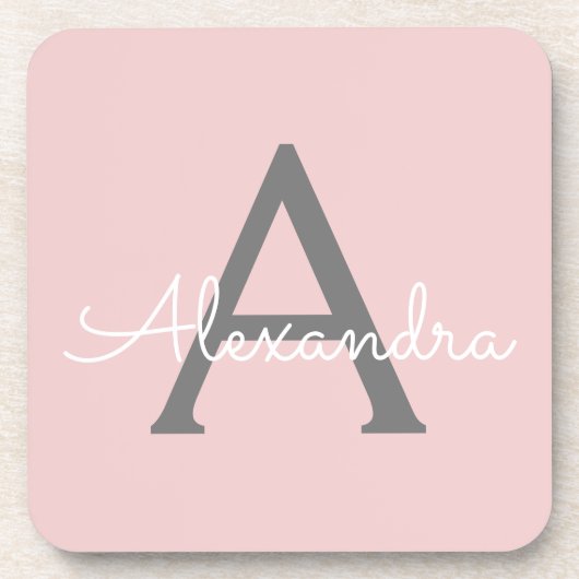 Blush Pink Grau Modernes Script Girly Monogram Nam Getränkeuntersetzer (Vorderseite)