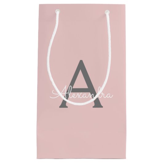 Blush Pink Grau Modernes Script Girly Monogram Nam Kleine Geschenktüte (Vorderseite)