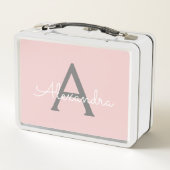 Blush Pink Grau Modernes Script Girly Monogram Nam Metall Brotdose (Rückseite)