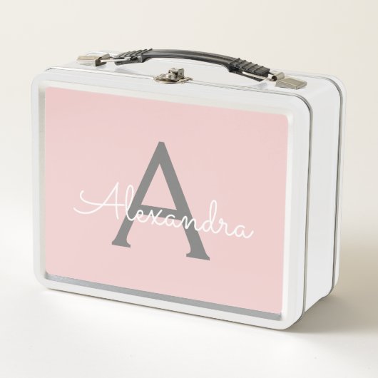 Blush Pink Grau Modernes Script Girly Monogram Nam Metall Brotdose (Vorderseite)