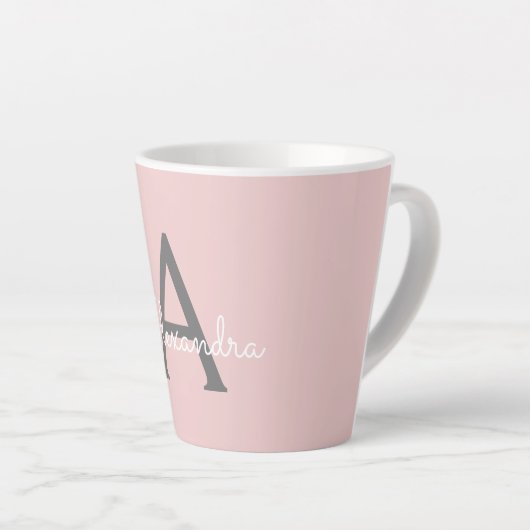 Blush Pink Grau Modernes Script Girly Monogram Nam Milchtasse (Rechte Ecke)