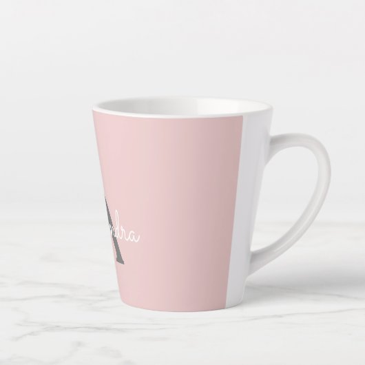 Blush Pink Grau Modernes Script Girly Monogram Nam Milchtasse (Rechts)