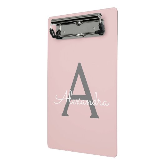 Blush Pink Grau Modernes Script Girly Monogram Nam Mini Klemmbrett (Gewinkelt2)