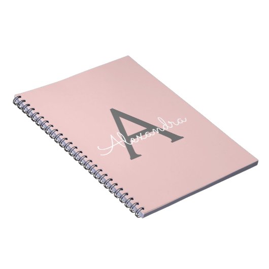 Blush Pink Grau Modernes Script Girly Monogram Nam Notizblock (Rechte Seite)