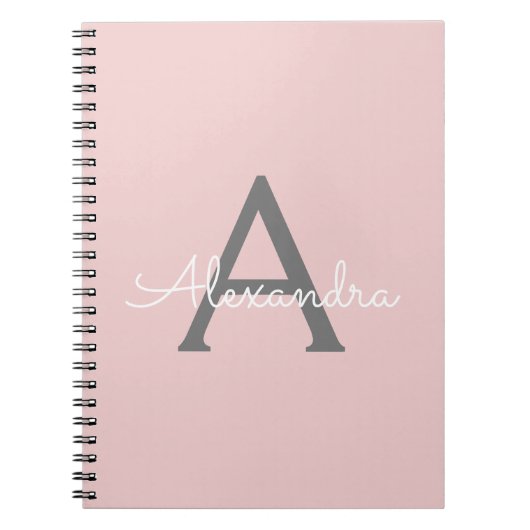 Blush Pink Grau Modernes Script Girly Monogram Nam Notizblock (Vorderseite)