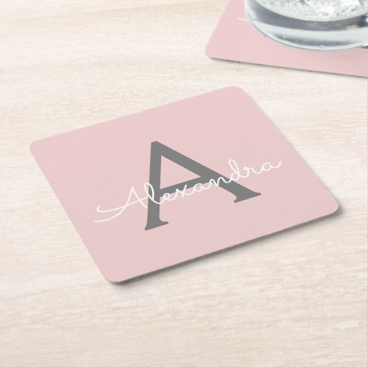 Blush Pink Grau Modernes Script Girly Monogram Nam Rechteckiger Pappuntersetzer (angewinkelt)