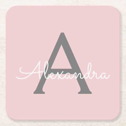 Blush Pink Grau Modernes Script Girly Monogram Nam Rechteckiger Pappuntersetzer (Vorderseite)