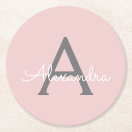 Blush Pink Grau Modernes Script Girly Monogram Nam Runder Pappuntersetzer
