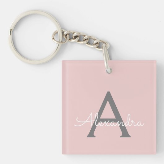Blush Pink Grau Modernes Script Girly Monogram Nam Schlüsselanhänger (Vorderseite)
