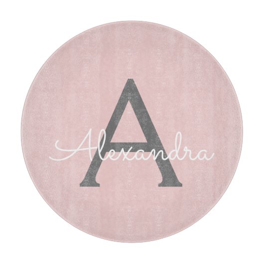 Blush Pink Grau Modernes Script Girly Monogram Nam Schneidebrett (Vorderseite)