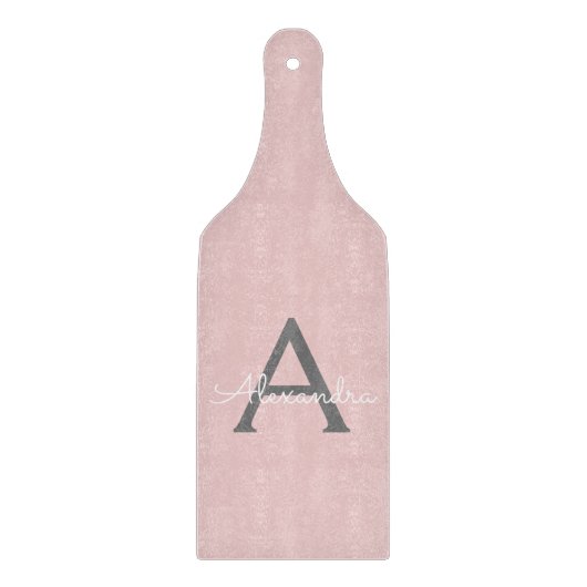 Blush Pink Grau Modernes Script Girly Monogram Nam Schneidebrett (Vorderseite)