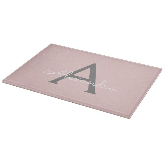 Blush Pink Grau Modernes Script Girly Monogram Nam Schneidebrett (Ecke)