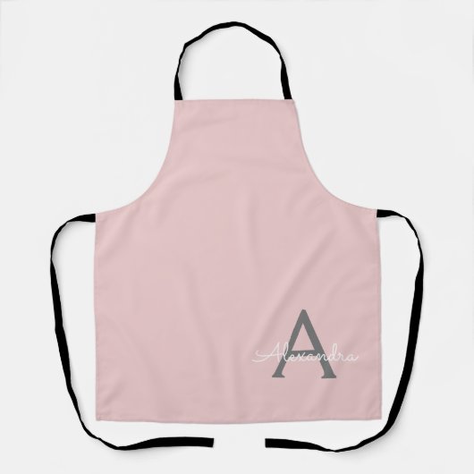 Blush Pink Grau Modernes Script Girly Monogram Nam Schürze (Vorderseite)
