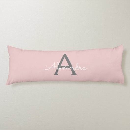 Blush Pink Grau Modernes Script Girly Monogram Nam Seitenschläferkissen (Vorderseite)
