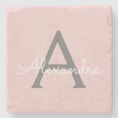 Blush Pink Grau Modernes Script Girly Monogram Nam Steinuntersetzer (Vorderseite)
