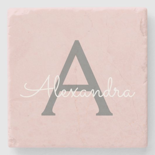 Blush Pink Grau Modernes Script Girly Monogram Nam Steinuntersetzer (Vorderseite)