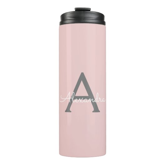 Blush Pink Grau Modernes Script Girly Monogram Nam Thermosbecher (Vorderseite)
