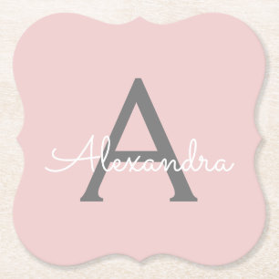 Blush Pink Grau Modernes Script Girly Monogram Nam Untersetzer
