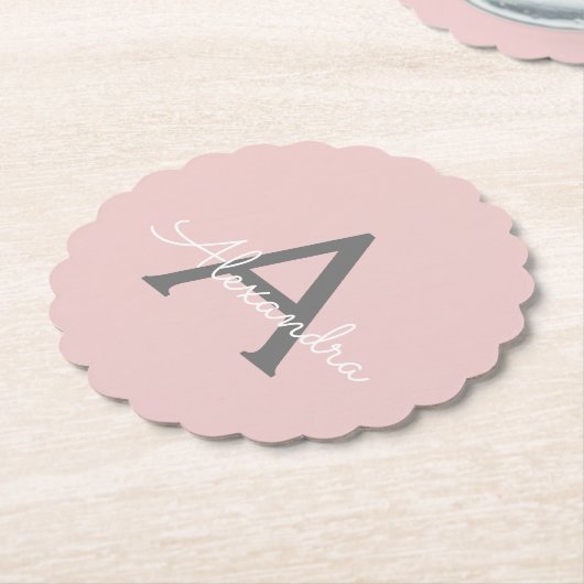 Blush Pink Grau Modernes Script Girly Monogram Nam Untersetzer (angewinkelt)