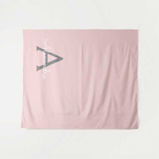 Blush Pink Grau Modernes Script Girly Monogram Nam Wandteppich (Vorderseite (Horizontal))