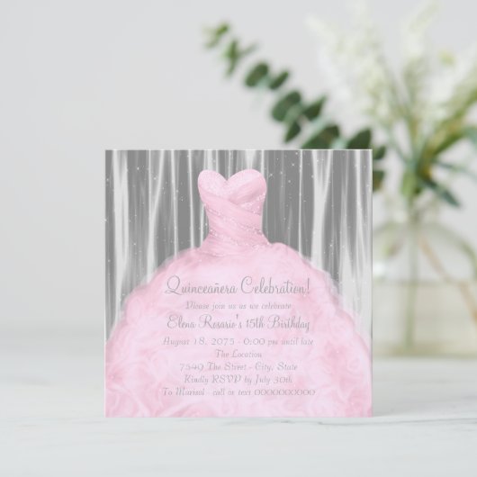 Blush Pink Grau Quinceañera Einladung (Stehend Vorderseite)