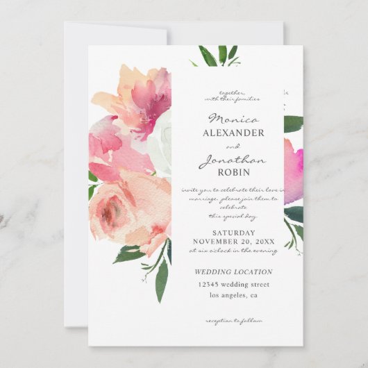 Blush Pink & Gray Botanische Hochzeit mit Blütenbl Einladung (Vorderseite)