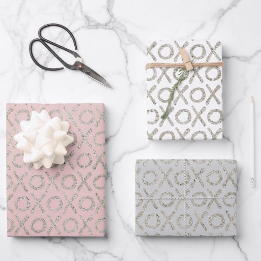 Blush Pink Gray Glitzy Silver XOXO Geschenkpapier Set (Vorderseite)