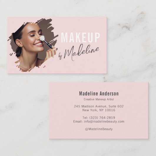 Blush Pink Gray Script Photo Makeup Visitenkarte (Vorne/Hinten)