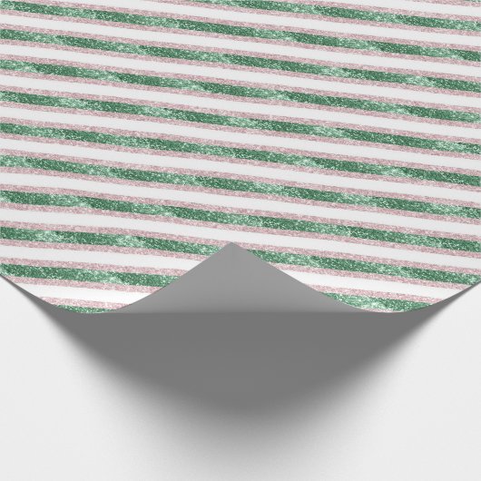 Blush Pink Green Glitter Stripes Christmas Geschenkpapier (Ecke)