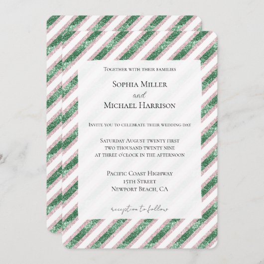 Blush Pink Green Glitzy Glam Chic Stripes Hochzeit Einladung (Vorne/Hinten)