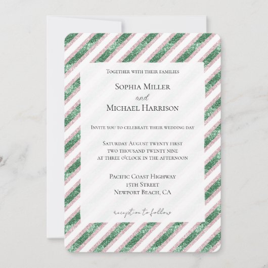 Blush Pink Green Glitzy Glam Chic Stripes Hochzeit Einladung (Vorderseite)