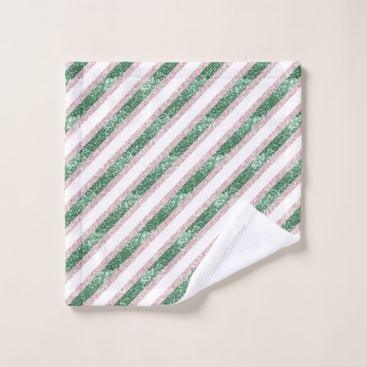 Blush Pink Green Glitzy Stripes Christmas Badhandtuch Set (Waschlappen)