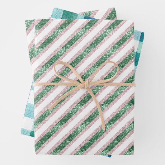 Blush Pink Green Glitzy Stripes Christmas Geschenkpapier Set (Beispiel)