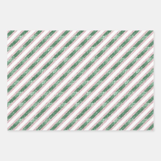 Blush Pink Green Glitzy Stripes Christmas Geschenkpapier Set (Vorderseite)