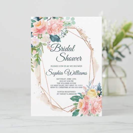 Blush Pink, Green & Gold Bridal Dusche Einladung (Stehend Vorderseite)