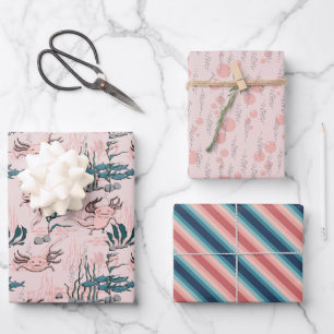 Blush Pink & Green Mexican Salamander Axolotl Girl Geschenkpapier Set