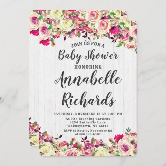 Blush Pink & Green Rose Kinderdusche Einladung (Vorne/Hinten)