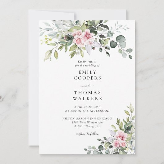 Blush Pink Greenerity Einladung Hochzeit (Vorderseite)