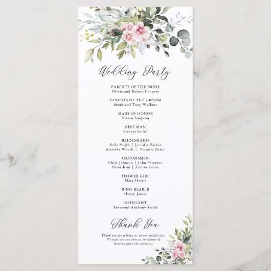 Blush Pink Greenerity Hochzeitsprogramm Programm (Rückseite)