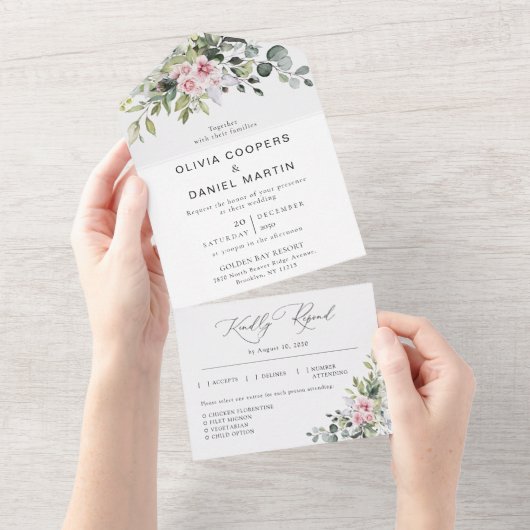 Blush Pink Greenery All in One Wedding Einladung (Abreißen)