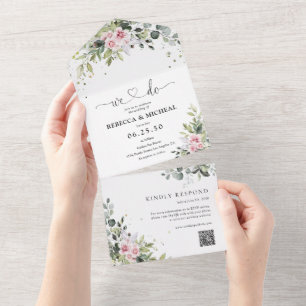 Blush Pink Greenery All in One Wedding Einladung