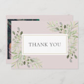 Blush Pink Greenery Aquarell Blätter Foto Dankeskarte (Vorne/Hinten)