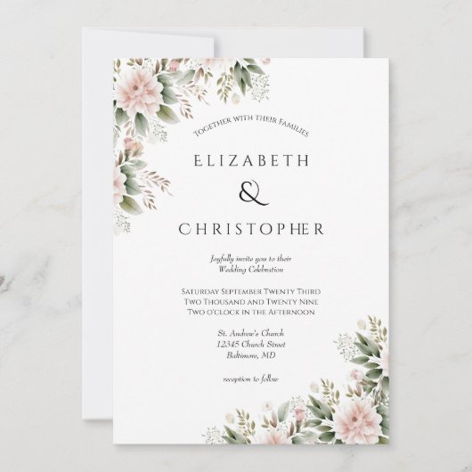 Blush Pink Greenery Bloral Elegante Hochzeit Einladung (Vorderseite)