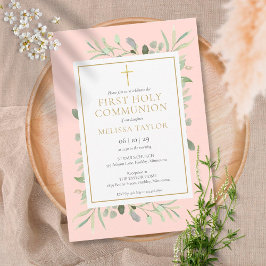 Blush Pink Greenery Erster Kommunion Einladung