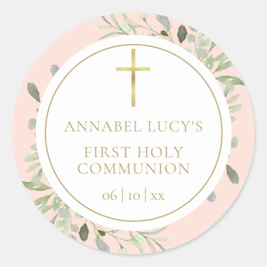 Blush Pink Greenery Erster Kommunion Runder Aufkleber (Vorderseite)