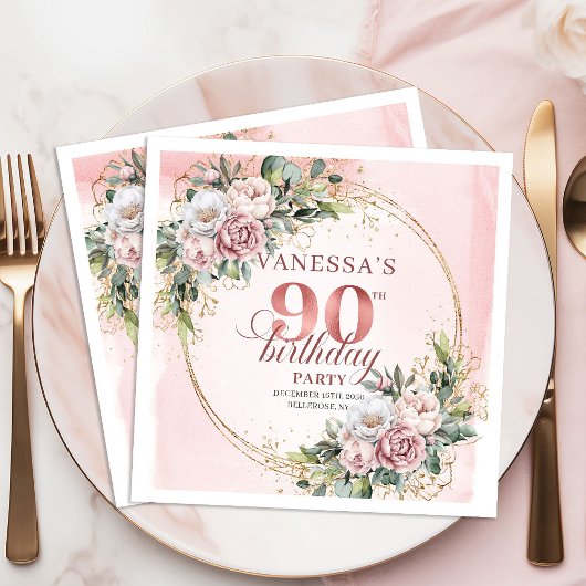 Blush Pink Greenery Floral 90th Birthday Party   Serviette